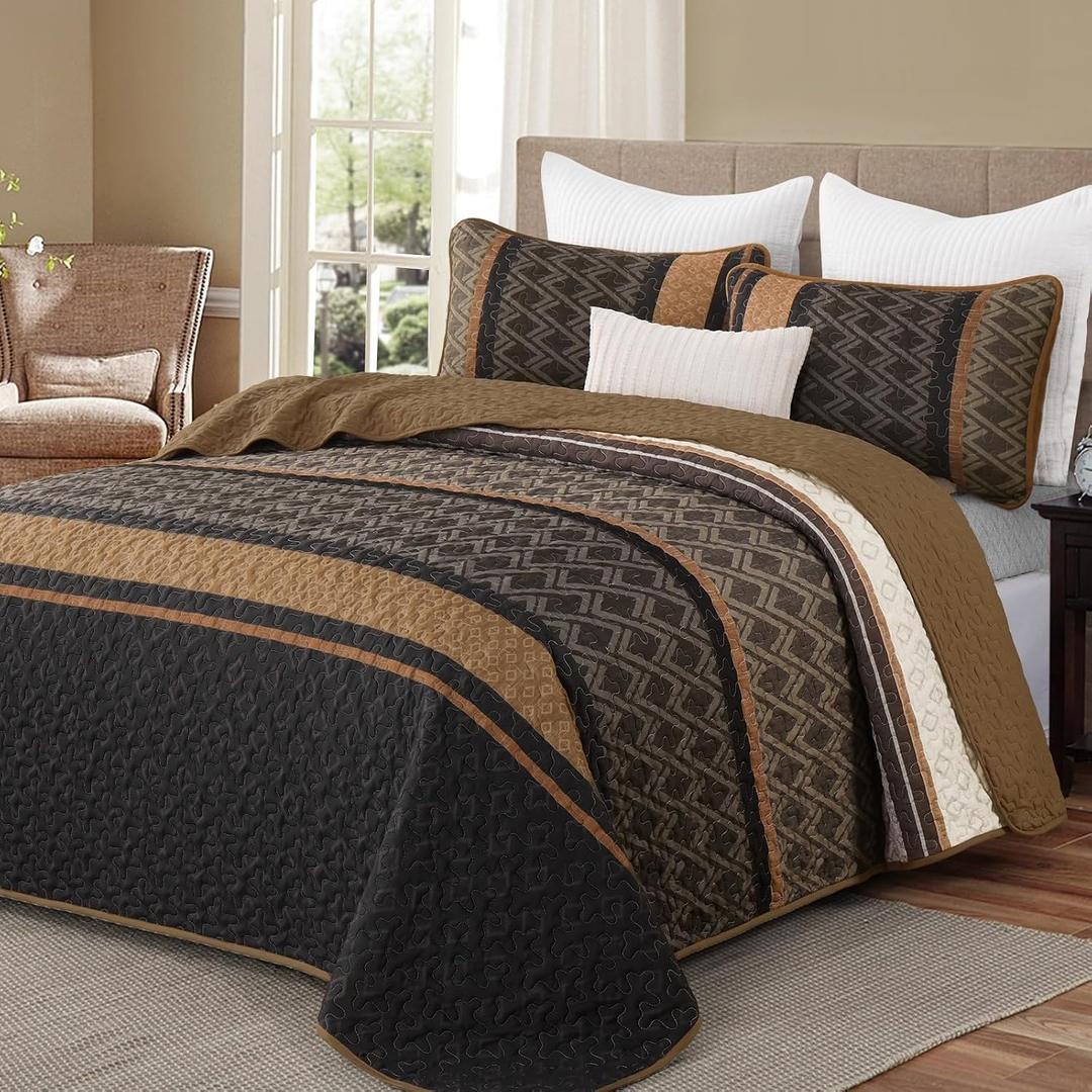 Dinjoy Queen Quilt Set Brown,Striped Bedspread Queen Size, Fall Bedding Sets 3 Pieces Micofiber Lightweight Quilts with 2 Pillow Shams Coverlet Bed Sets for Women Men 96''x90''