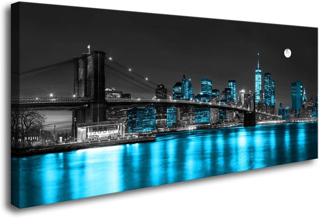 Aibonnly Wall Art Canvas Painting Black White and Blue New York Brooklyn Bridge 1 Piece Cityscape Night Building Picture Poster Print Framed for Living Room Bedroom Kitchen Office Home Decor, 48"L x 24"W