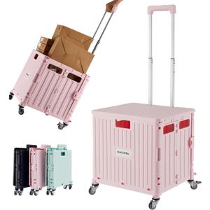 MACOPRO Folding Utility Cart Portable Rolling Crate Handcart Shopping Trolley Collapsible Tool Box, with Lid, Basket on 4 Rotate Wheels, for Grocery, Shopping, Office, Teacher (Pink)