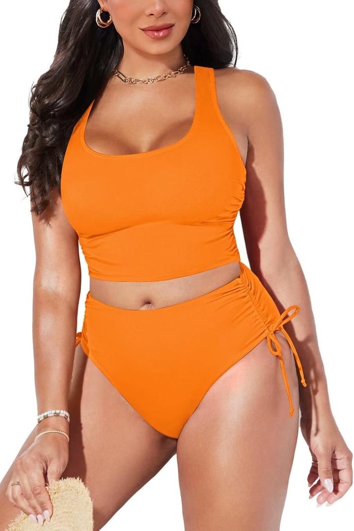 Pink Queen Women's Scoop Neck Racerback Ruched Crop Top High Waisted Bikini Sets 2 Piece Swimsuit Bathing Suit (X-Large, Orange)