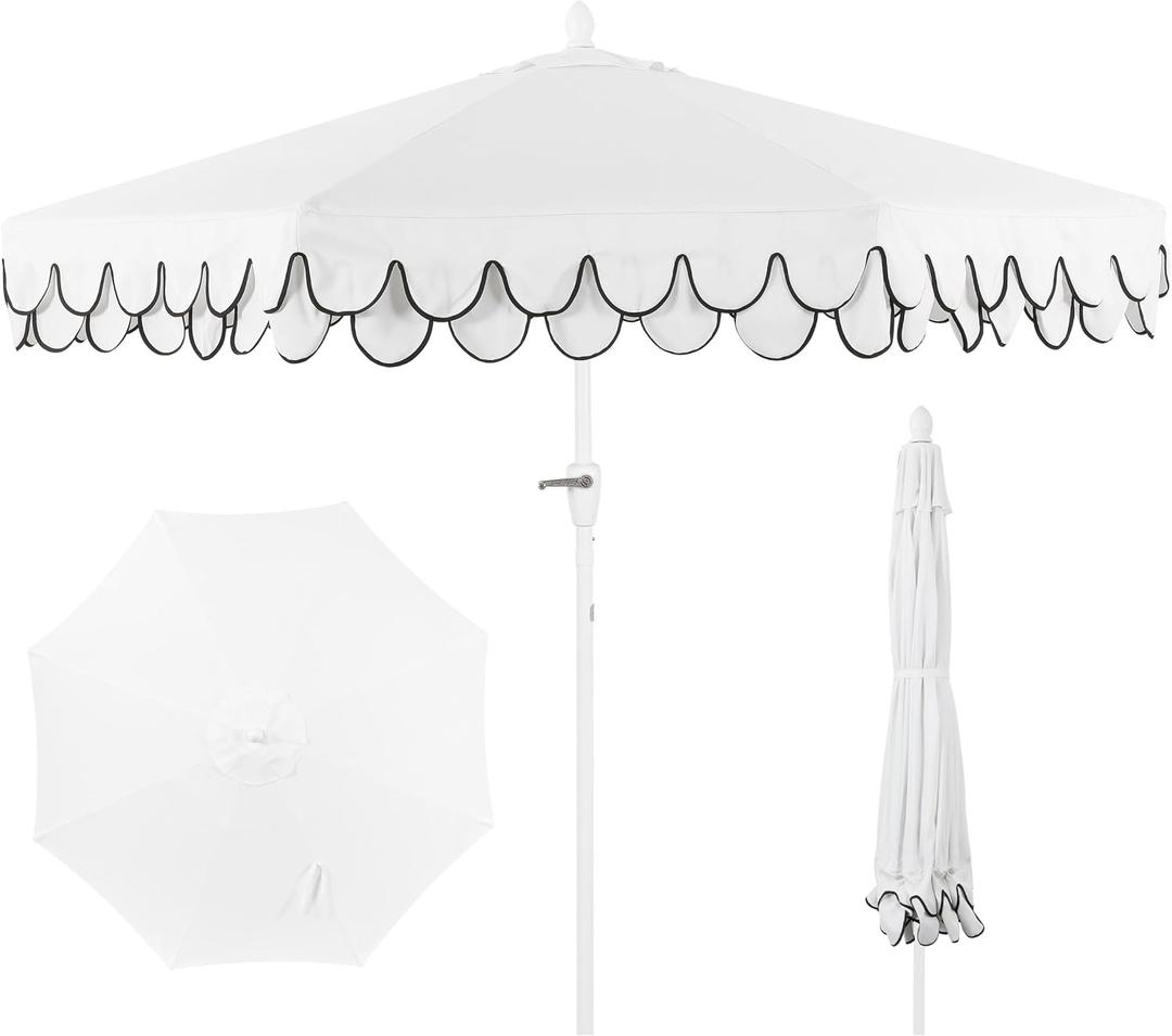 JONATHAN Y UMB1002D Tracy 9 ft. Classic MidCentury Scalloped Fringe Market Patio Umbrella with Auto-Tilt, Crank, Wind Vent and UV Protection in White/Black, 108 inches diameter, 108 inches height