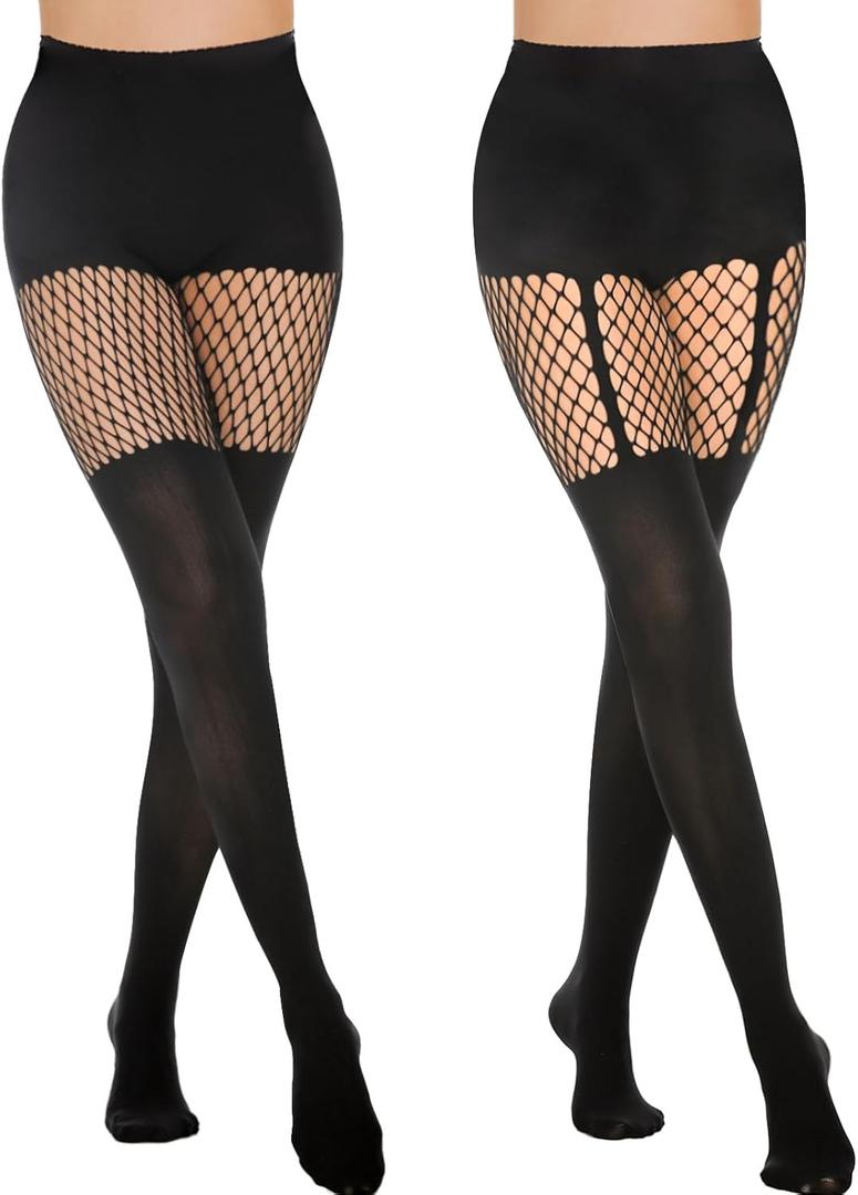 MANZI Faux Thigh High Tights Mock Suspender Pantyhose Striped Goth Fishnets Pack of 2 (One Size, Black-grid/Suspender)