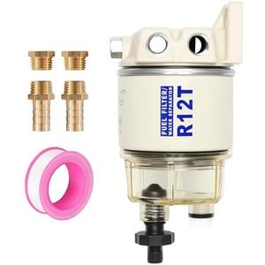 AUIVERED R12T Marine Fuel Water Separator Kit, 10 Micron Filter, Replace S3240 120AT, Fit 1/4 Inch NPT Outboard Motors for Gas & Diesel Engines Includes 2 fittings, 2 plugs