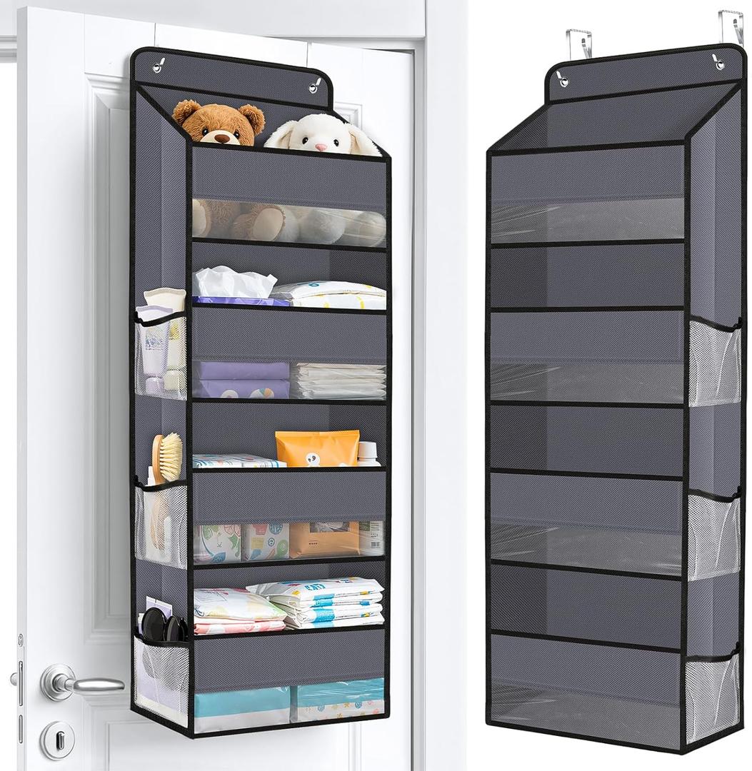 WISELIFE Over The Door Organizer Storage with 4 Large Pockets Door Hanging Organizer with Clear Windows behind The Door Storage for Nursery Bedroom Bathroom Pantry Closet and Baby Essentials Dark Grey