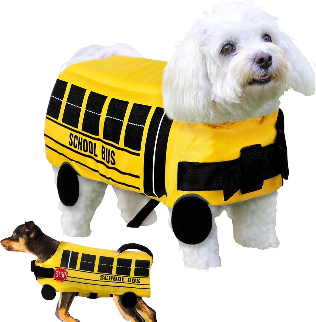 Halloween School Bus Pet Costume Funny Dog Costume Yellow School Bus Life Jacket Swimming Boating Water Flotation Vest Halloween Pet Costume Suit for Dog Cosplay Accessories for Halloween Parties(M) (M(Neck: 14.5", Chest: 20", Back:15"))