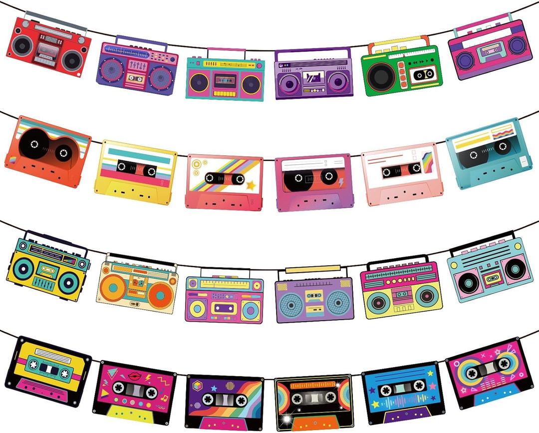 4pcs Cassette Tape Banners, Durable Radio Cassette Tapes Pattern Banners Funny 80s Retro Party Decorations Suitable for Hip Hop Music Party Decoration Supplies