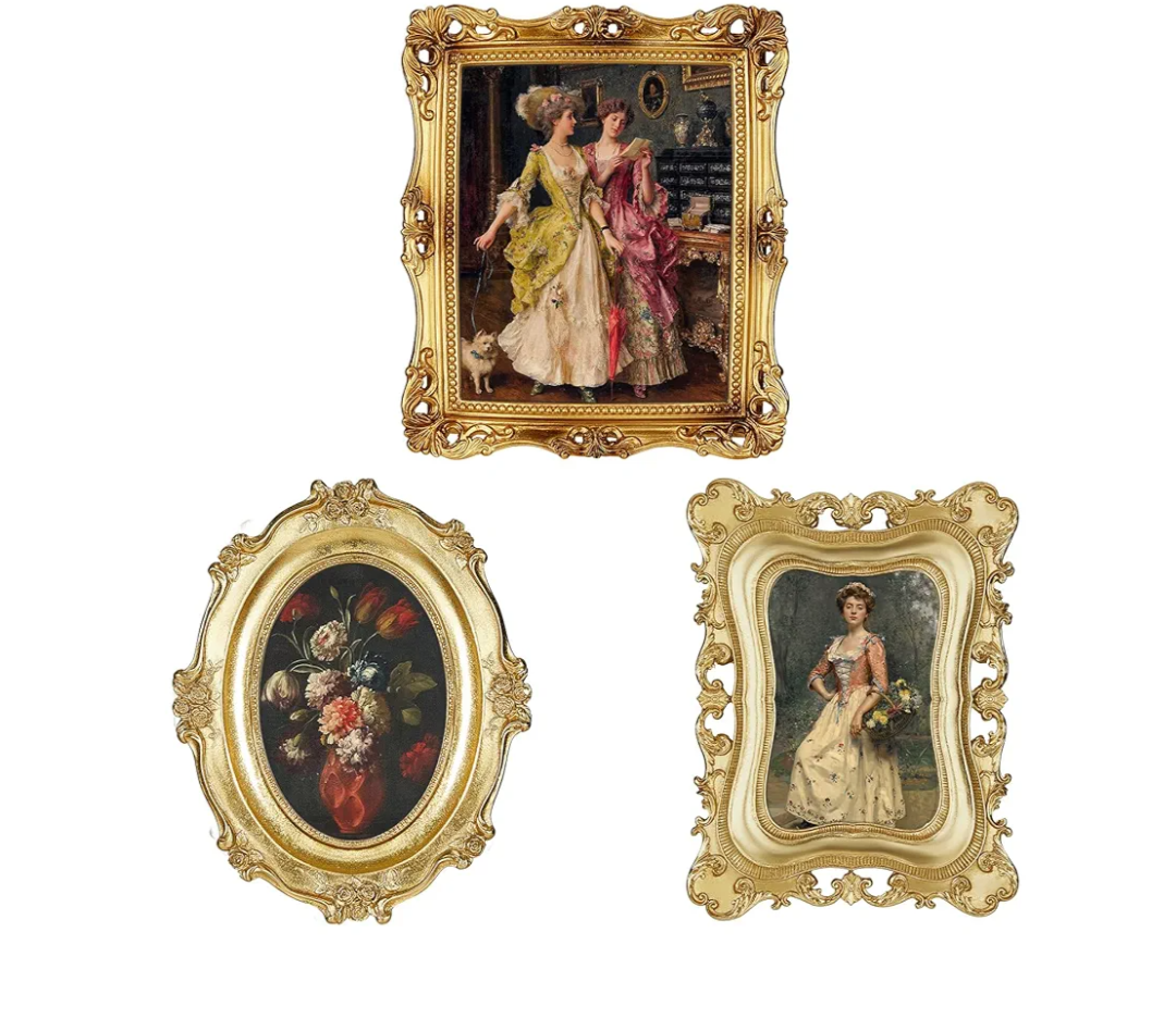 Thyle 3 Pcs Small Gold Vintage Picture Antique Resin Photo Frame Set Rectangle Ornate Antique Picture Frames for Art Tabletop Display Wall Hanging Home Decor(Gold)