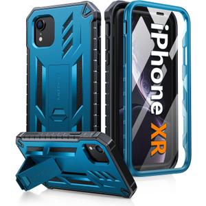 FNTCASE for iPhone XR Phone Case: [Built-in Screen Protector & Kickstand] [Military Grade Drop Protection] Heavy Duty Full Protective Matte Textured Shockproof TPU Rugged Phone Cover - Blue