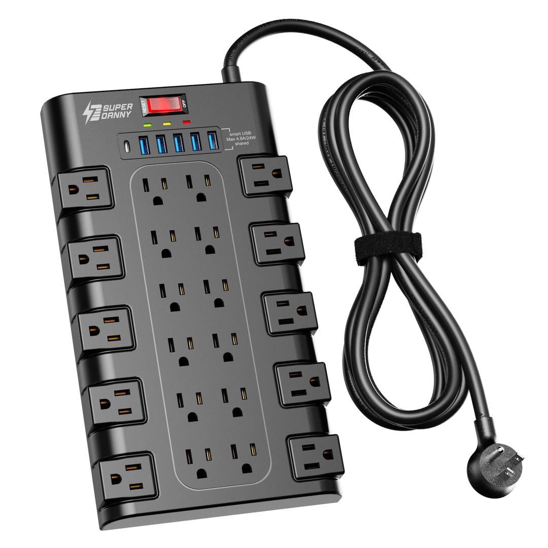 10Ft Power Strip Surge Protector, SUPERDANNY Charging Station 22 Outlets with 45W Type-C Fast Charging USB Ports, 4 USB-A, 2 USB-C, 2100J, 15A/1875W, Flat Plug Extension Cord for Home Office Black