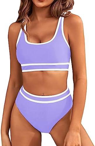 BMJL Women's High Waisted Bikini Sets Sporty Two Piece Swimsuits Color Block Cheeky High Cut Bathing Suits, M