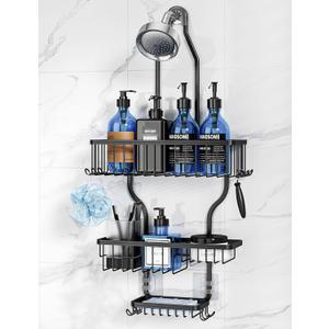 YASONIC Shower Caddy Over Shower Head Never Rust Aluminum Large Hanging Shower Caddy with 10 Hooks for Razor/Sponge - Over The Shower Head Caddy with Soap Basket - Hanging Shower Organizer Black