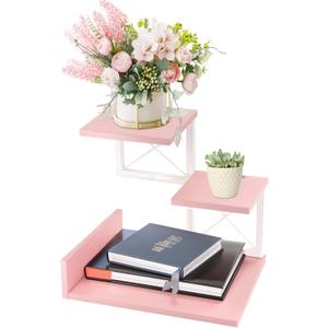 Jolitac Wood Desktop Shelf, Desktop Organizer Office Storage Rack Adjustable Wood Display Shelf 3 Tier Storage Display Rack Office Decor Stand Shelves with Metal Frame (Pink)