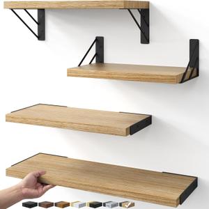 BAYKA Wall Shelves for Bedroom Decor, Floating Shelves for Living Room Kitchen Storage, Wall Mounted Rustic Shelves for Kids Books, Corner Shelf for Bathroom(Carbonized Brown, Set of 4) (16-inch Mixed)