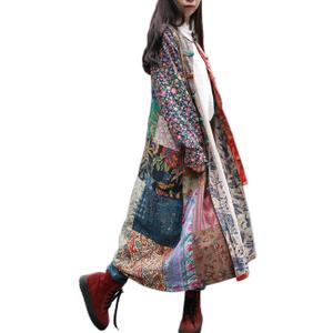 LUZU JUNU Women's Trench Coat Floral Print Long Cotton Linen Jacke Cottagecore Clothing Patchwork Outwear Bohemian unique