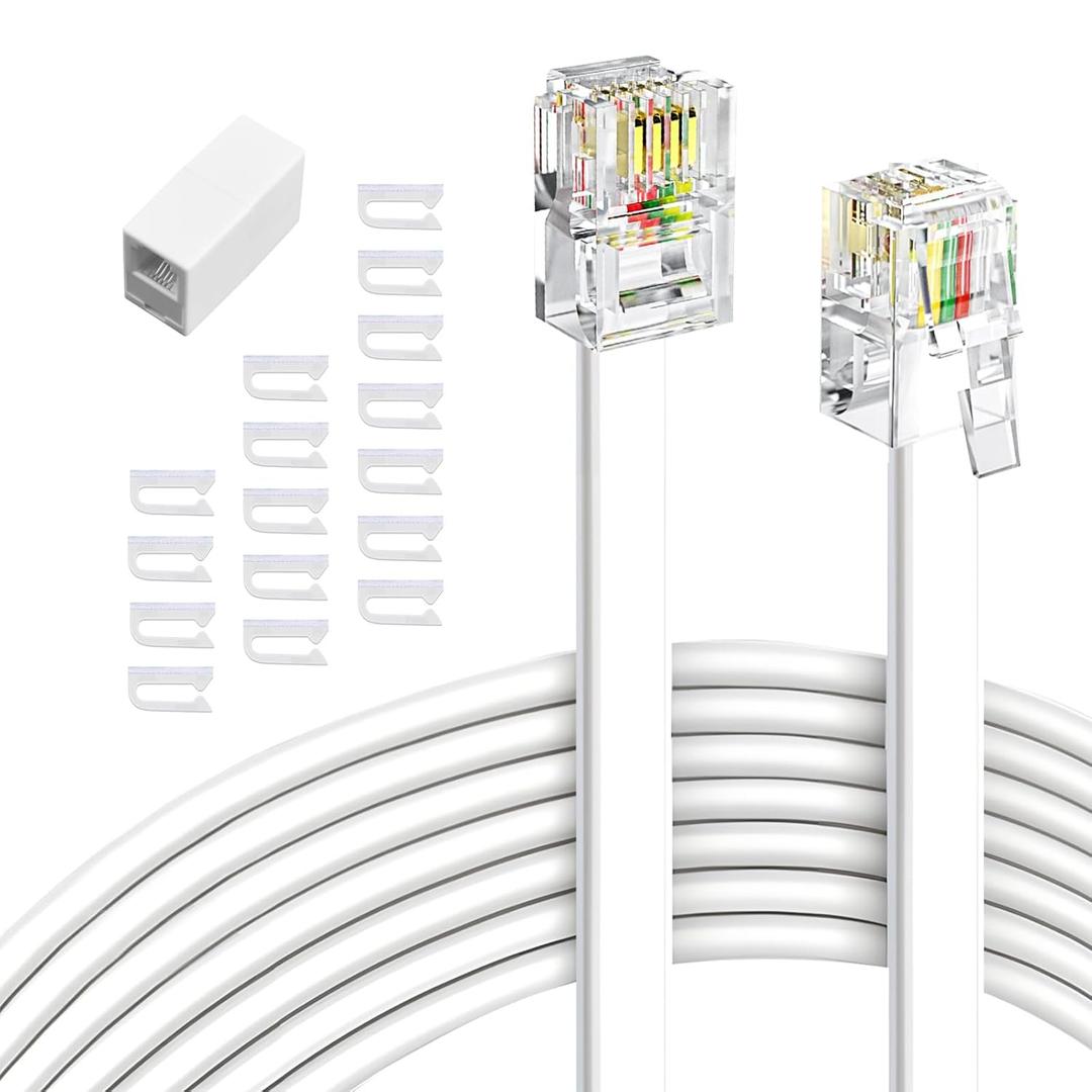 Phone Extension Cord 15 Ft 2pcs, Telephone Cable with Standard RJ11 Plug and 2 in-Line Couplers and 40 Cable Clip Holders, White