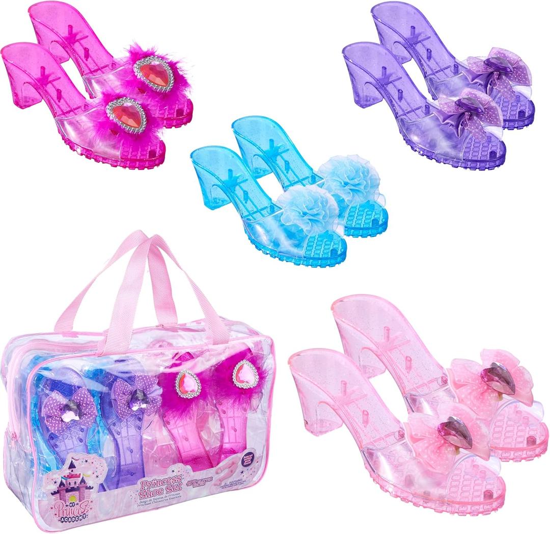 4-Pack Premium Princess Shoes Set - 1.75" Heel Slip On Princess Dress Up Shoes for Little Girls, Durable Pairs of Slip-On Sandal Heels for Kids - Fits Toddler Size 7-10 Multi