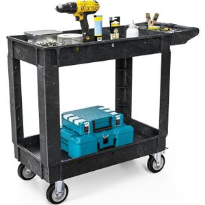 DWVO Utility Cart, 1000 lbs Capacity, 2 Shelf Heavy Duty Plastic Service Utility Cart on Wheels, Rolling Storage Work Carts Suitable for Warehouse, Garage, School & Office, Cleaning, Black (40"x17")