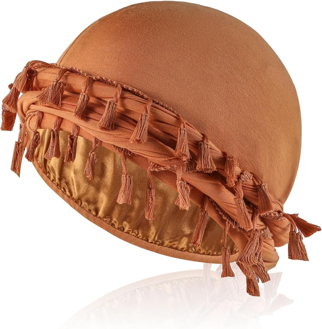 Satin Lined Turban with Long Twist Straps Tassels Silky Head Wraps for Men Women Halo Head Scarf Sleeping Bonnet 