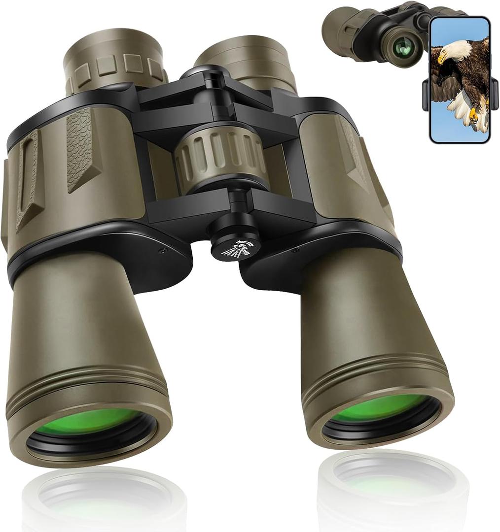 20x50 Binoculars for Adults High Powered, Military Compact HD Waterproof Binoculars with Low Light Vision for Bird Watching Travel Hunting Football Games Stargazing with Carrying Case and Strap(Mud)