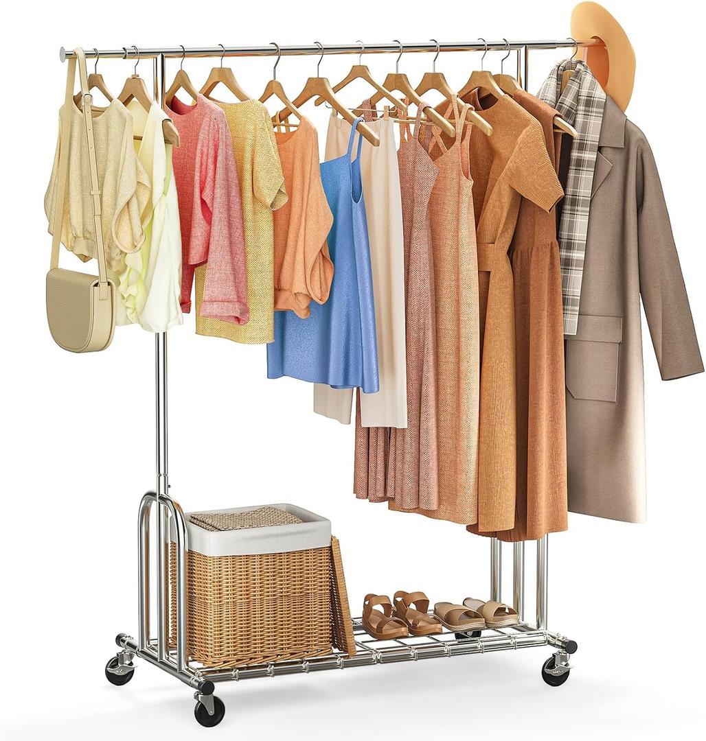 TigerParty Heavy Duty Clothes Rack,Load 600 LBS,Metal Garment Rack,Standing Rolling,Clothing Rack for Hanging Clothes,Portable Closet Wardrobe Rack for Bedroom Laundry Living Room
