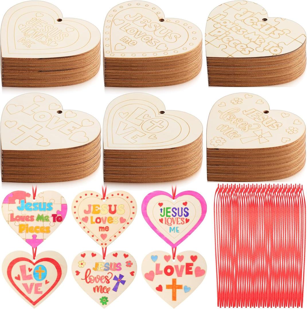Blueweenly 48 Pcs Easter's Wooden Heart for Crafts Sunday School Crafts for Kids Jesus Loves Me Heart Religious Art Kit for Classroom, Church DIY Art Valentine Exchange Project Gift Activity