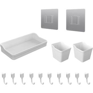 Pegboard Wall Organization Accessories Pack - 25 Pieces of White Hooks, Storage Bins & Fastening Strips (White)