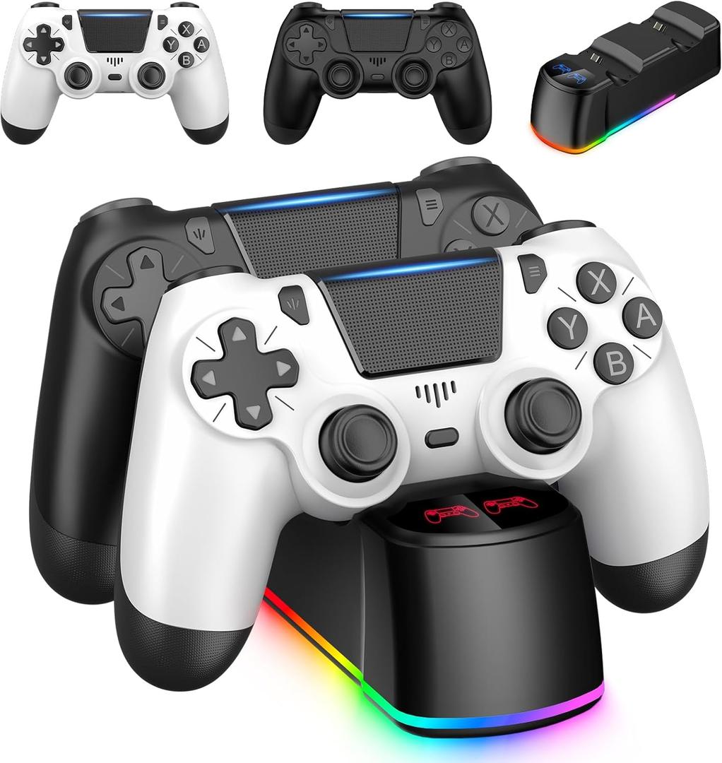 2 Pack Controllers with Charging Dock Station for PS4 Controller, Wireless Controller Compatible with PS4/Pro/Slim Consoles, with LED Charging Dock, Black & White