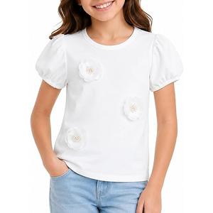 Girls Puff Sleeve Shirts 3D Flower Pearl Summer Tops Off White 13-14 Years
