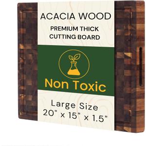 Acacia Wood End Grain Butcher Block Cutting Board 20x15x1.5 Inch for Carving Meat, Kitchen & BBQ Use. Deep Juice Groove, Built-In Handles, Thick, Knife Friendly, Non Toxic by New M Way
