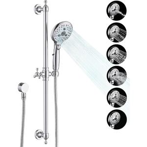 Handheld Shower Head with Slide Bar Combo, 6 Settings Handheld Shower with ON/OFF Pause Switch, Adjustable Height 27.5" Long Slide Bar, Round Wall Supply Elbow and 6.6ft Shower Hose, Chrome