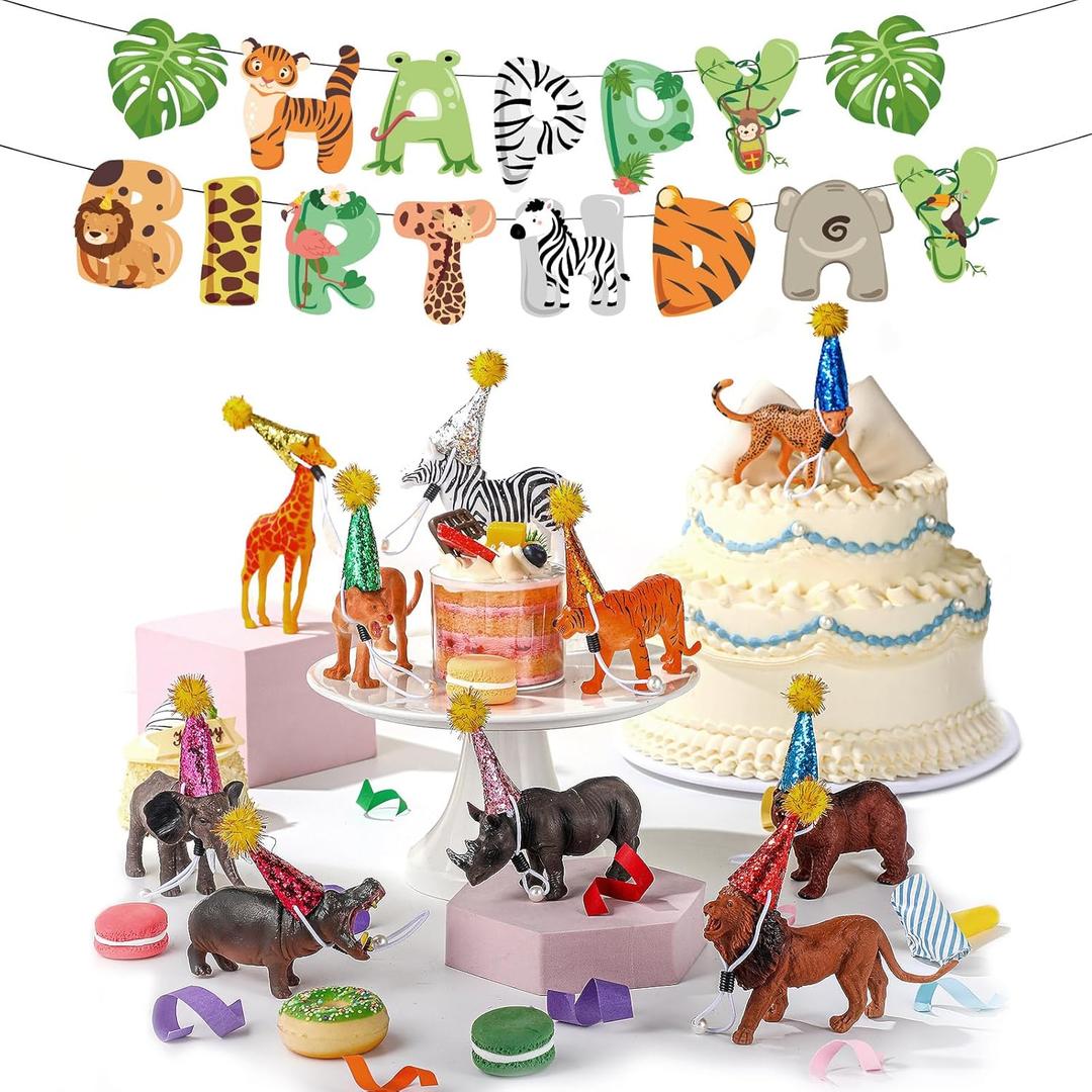 Leinuosen 21 Pcs Safari Animals Happy Birthday Party Decorations 10 Animal Figure Model Cake Topper 10 Mini Party Hat, 1 Happy Birthday Banner for Mini Animals Themed Decor