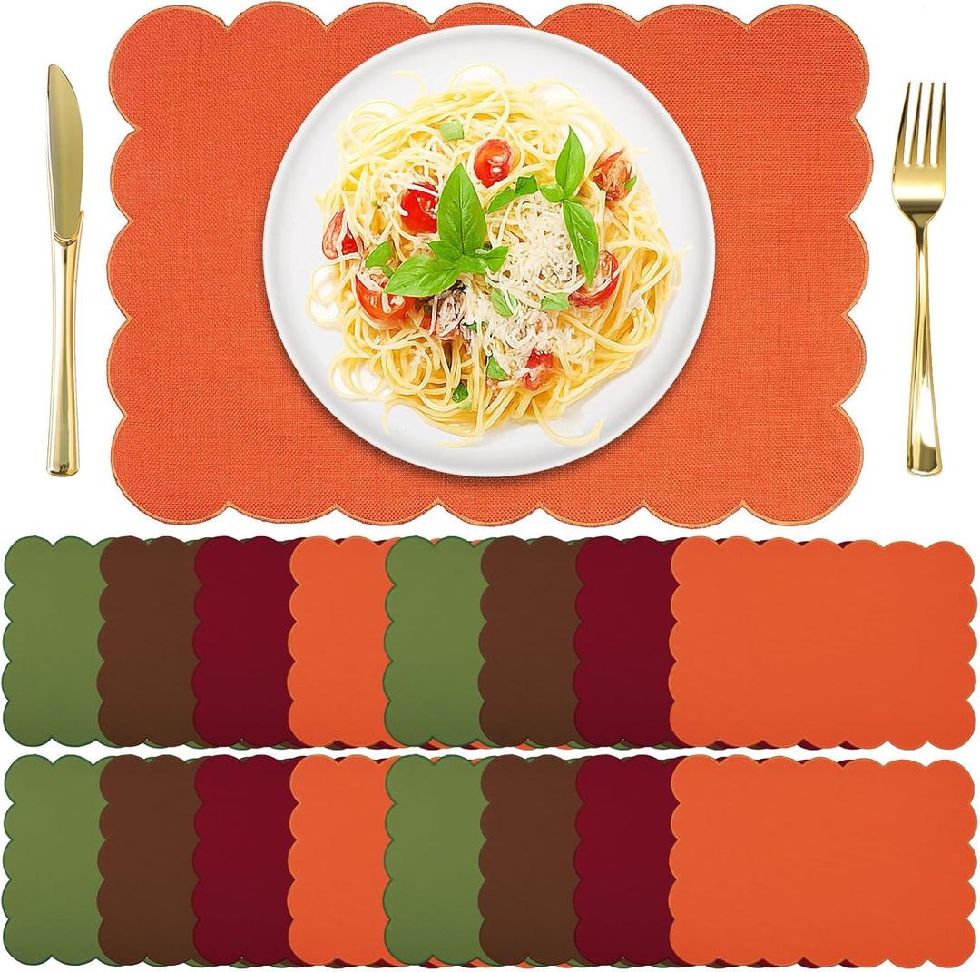 LemonRoad 16 Pcs Boho Linen Placemats Set 13" x 19" Elegant Scalloped Double Layered Placemats Farmhouse Christmas Washable Rustic Dining Table Decoration Heat Resistance(Vintage Color)