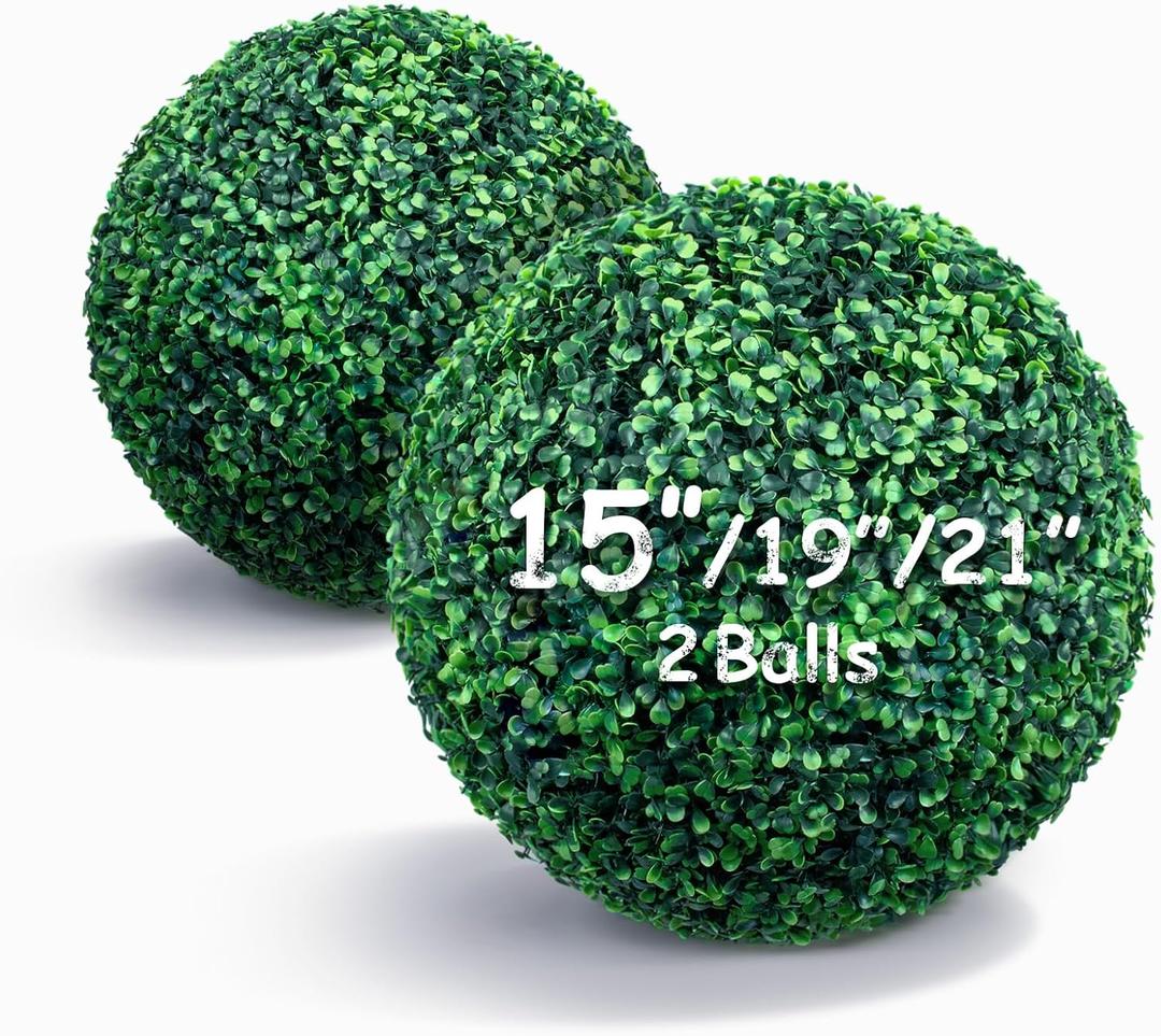 15 Inch 2 Packs Artificial Boxwood Balls Topiary Balls, 4 Layers of UV-Resistant Greenery Balls Indoor Outdoor Garden, Backyard, Patio, Front Door  Assembly Required
