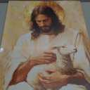 KYHDCJUB Jesus and Lamb Wall Art Jesus Saves the Lost Lamb Painting Christian Picture Wall Decor God Embraces Sheep Picture Prints Artwork for Living Room Bedroom Church 16x24 Inch Ready to Hang