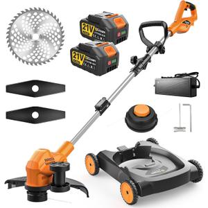 18.9" Cordless Lawn Mower, String Trimmer & Wheeled Edger 3-in-1 Combo, Brushless 2 * 4.0Ah Batteries, 3 Blades, Adjustable Height & Angle Electric Weed Eater and Lawnmower