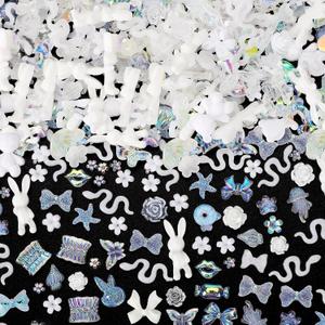 COOSLIM 110 Pieces 3D Nail Charms for Acrylic Nails, Black Camellia Rose Flower Bowknot Heart Bear Rabbit Star Charms for Nail Art Designs DIY Accessories Craft 1