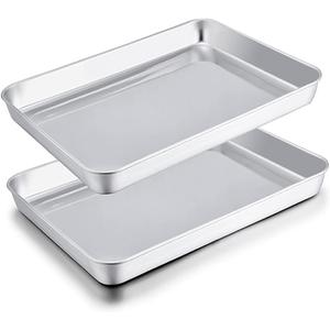 TeamFar Toaster Oven Pans, 9.3'' x 7'' x 1'' Stainless Steel Compact Toaster Oven Tray Ovenware, Healthy & Heavy Duty, Roll Edge & Mirror Finish, Easy Clean & Dishwasher Safe-2 PCS