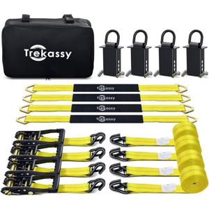 Trekassy Car Tie Down Straps for Trailers with Stake Pocket D Ring (4PK), Includes 4 Pack Axle Straps, 10,000lbs Break Strength, Used for Car, Truck, UTV Transport (Yellow)