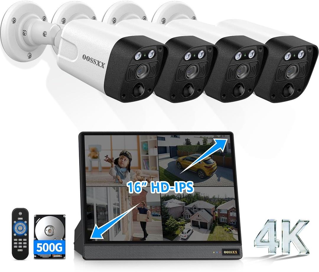 OOSSXX (2026 New) 4K PoE Security Camera System Outdoor, 8CH NVR with 16" IPS Monitor & 500GB HDD, 4 Cameras, 130° Wide Angle, AI Human Detection, Two-Way Audio, No Monthly Fee