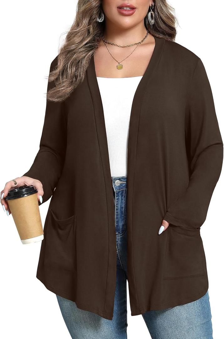Women's Plus Size Lightweight Long Sleeve Casual Soft Open Front Cardigan Cover ups with Pockets (3X-Large, A11-brown)