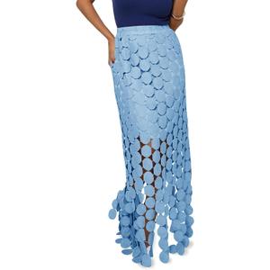 Cicy Bell Womens Hollow Out Maxi Skirts Summer High Waisted Boho Fringe Hem Long Skirt (Blue, S)