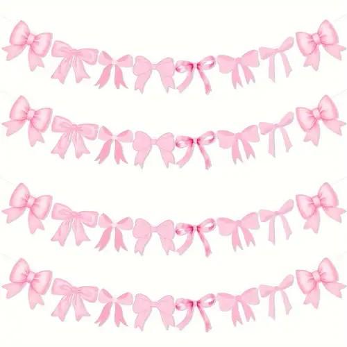 Neyeidru Bow Birthday Decorations Banner - 4Pcs Pink Bow Banner for Coquette Birthday Decorations Bow Garland Bunting for Girls Bow Party Decor Favor Supplies