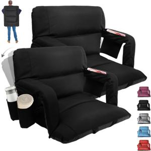 Extra Wide Stadium Seats with Back Support  2 Pack Sofa-Style Bleacher Chairs, Thick Cushions, 6 Reclining Positions(Black-2 Pack,Wide|25")