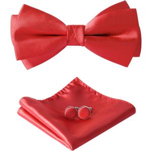 HOULIFE Bow Ties for Men Formal Satin Bowties Pre-tied Style Classic Tuxedo Bowtie Handkerchiefs Cufflinks Sets for Wedding (Red)