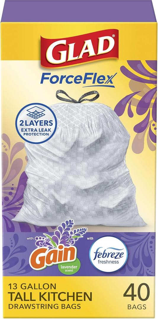 Glad ForceFlex Tall Kitchen Trash Bags, 13 Gal, Gain Lavender with Febreze, 40 Ct (Pack May Vary)