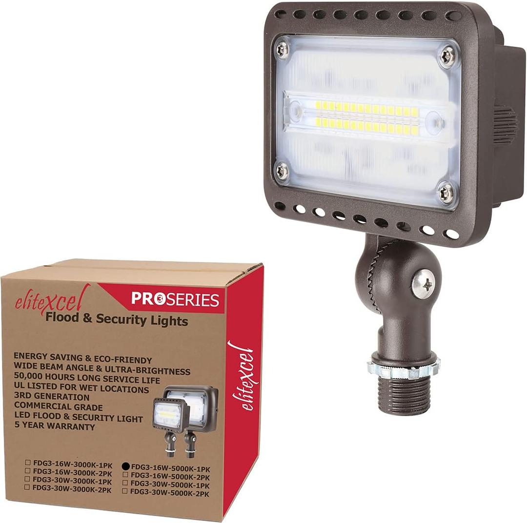 Backyard Lights Outdoor Security, 3rd Gen 16W UL Listed Landscape Lights, 1600Lumen LED Flood Light Outdoor Waterproof, 5000K Daylight White, 1/2" Knuckle Mount, 120V,