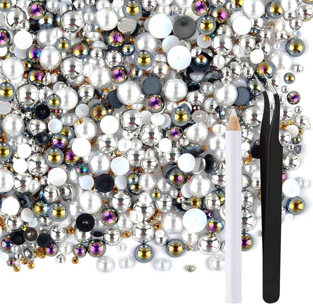 ASTARON 50g Mix Flatback Rhinestones Half Pearls for Crafts Mixed Size 3mm-10mm Flat Back Rhinestones for Crafts Flatback Pearls for DIY Tumblers Mugs Nail Art Shoes Clothes (Black White Series)