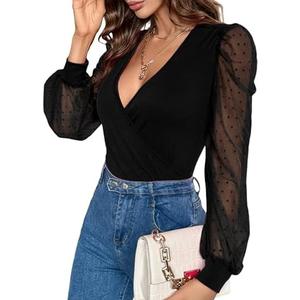 Fayenne Womens Tops Deep V Neck Cross Wrap Sexy Tops Polka Dot Mesh Long Sleeve T Shirt Casual Blouses, Size L
