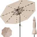 10FT Solar Lighted Patio Umbrella, Outdoor Table Market Umbrellas with Push Button Tilt and Crank, 32 LED Lights, 8 Sturdy Ribs, UV-Resistant for Deck, Garden, Pool
