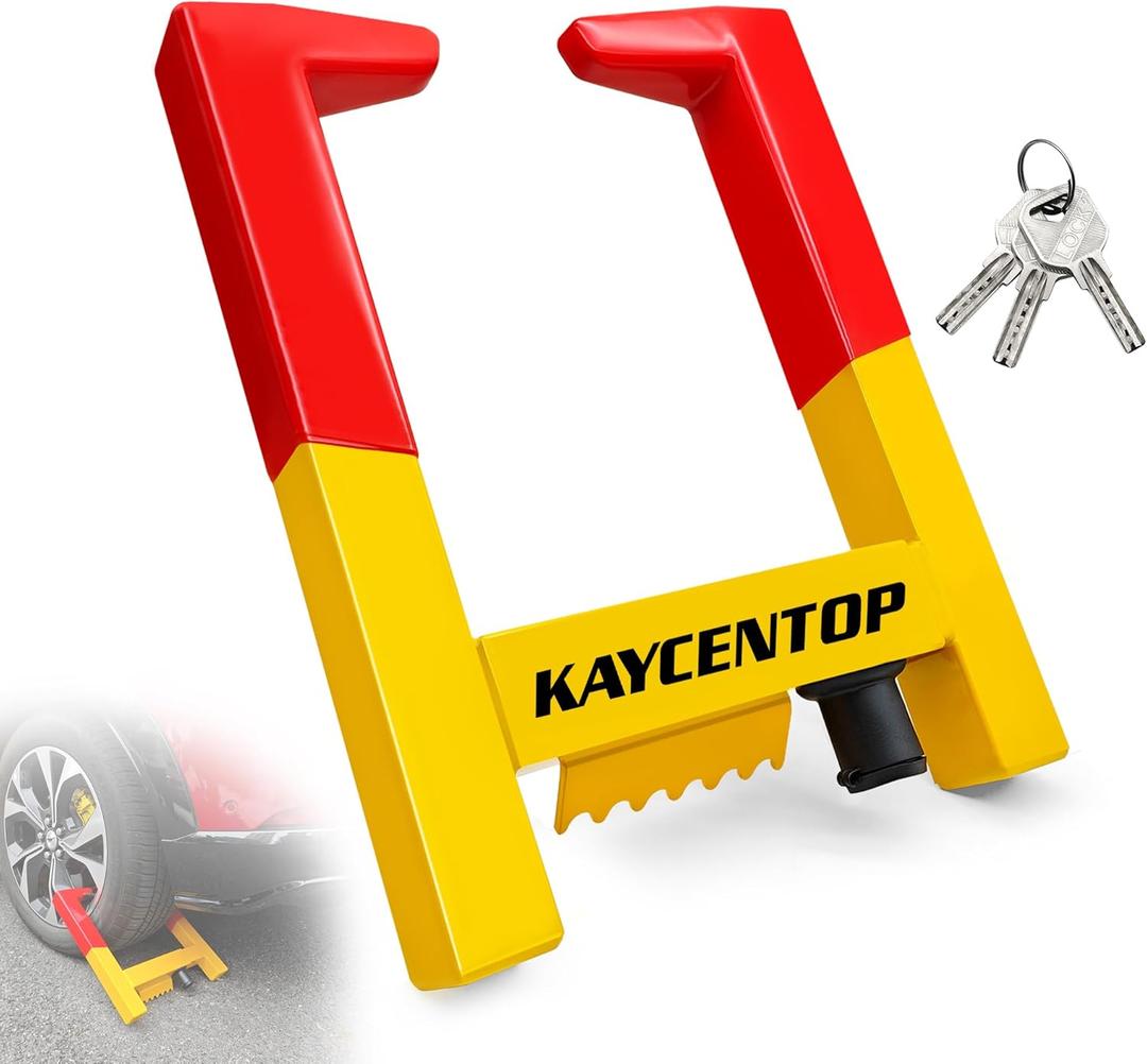 KAYCENTOP Universal Weel Lock Clamp, Wheel Chock Lock, Tire Lock Anti Theft Wheel Lock, Great Deterrent Bright Color, for Trailers SUV Boats Atvs Motorcycles Golf Cart, 3 Keys (Red-Yellow)